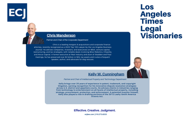 Photo of Ervin Cohen & Jessup Partners Kelly Cunningham & Chris Manderson Recognized As "Legal Visionaries" By Los Angeles Times